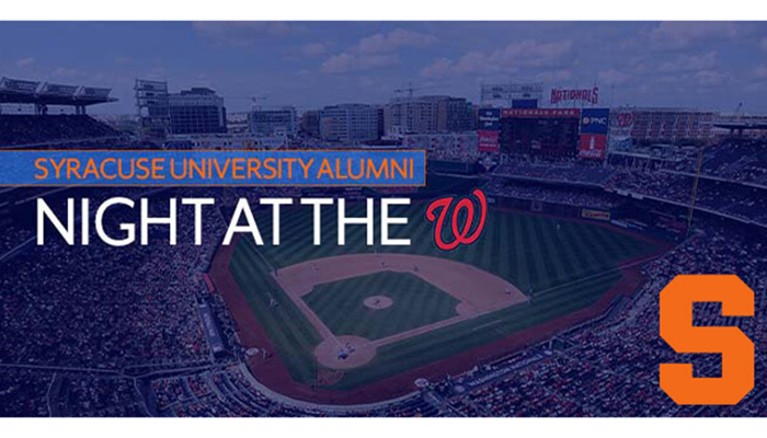Syracuse University Alumni Night at the Washington Nationals block S logo superimposed over overhead view of baseball stadium